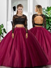 Stunning Fuchsia Scoop Backless Lace and Ruching Vestidos de Quinceanera Long Sleeves