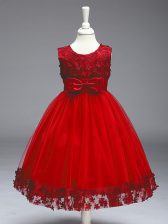 Affordable Sleeveless Tea Length Appliques and Bowknot Zipper Little Girl Pageant Gowns with Red