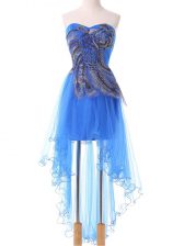 Decent Blue Empire Tulle Sweetheart Sleeveless Appliques High Low Lace Up Prom Dresses
