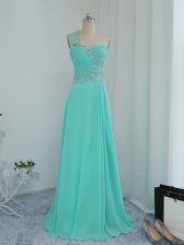 Glittering Turquoise Sleeveless Beading and Appliques Floor Length Prom Dresses