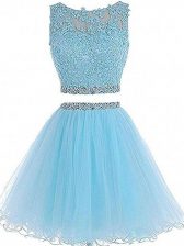  Aqua Blue Two Pieces Sweetheart Sleeveless Tulle Mini Length Zipper Beading and Lace and Appliques Prom Dress