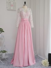  Floor Length Baby Pink Prom Dress V-neck Long Sleeves Zipper