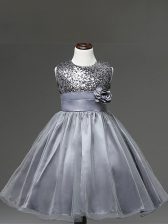 Superior Sequins and Hand Made Flower Little Girl Pageant Dress Silver Zipper Sleeveless Knee Length