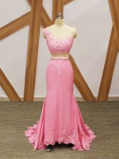  Zipper Homecoming Dress Baby Pink for Prom and Party with Beading and Lace and Appliques Brush Train