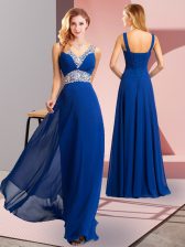 Ideal Sleeveless Chiffon Lace Up Prom Gown in Royal Blue with Beading