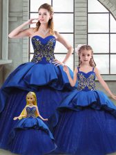 Blue Taffeta Lace Up Quinceanera Dress Sleeveless Court Train Beading and Appliques and Embroidery