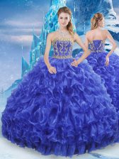  Royal Blue Ball Gowns Organza Strapless Sleeveless Beading and Appliques and Ruffles Floor Length Lace Up Quinceanera Dresses