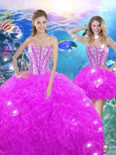  Fuchsia Ball Gowns Organza Sweetheart Sleeveless Beading and Ruffles Floor Length Lace Up Sweet 16 Dress