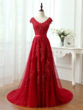 Unique Cap Sleeves Tulle Brush Train Lace Up Prom Dress in Red with Lace and Appliques