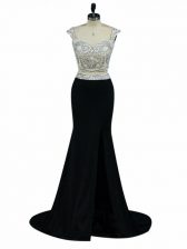Most Popular Black Two Pieces Beading Prom Evening Gown Zipper Chiffon Cap Sleeves