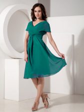  V-neck Short Sleeves Prom Dress Knee Length Ruching Turquoise Chiffon