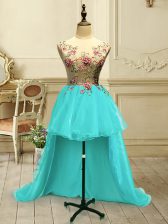 Discount High Low Aqua Blue Prom Dress Scoop Sleeveless Lace Up