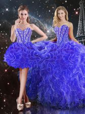 Suitable Floor Length Lace Up Quinceanera Gowns Blue for Military Ball and Sweet 16 and Quinceanera with Beading and Ruffles