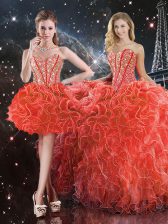  Coral Red Lace Up Sweetheart Beading and Ruffles 15 Quinceanera Dress Organza Sleeveless