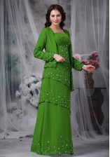 Glittering Straps Sleeveless Prom Evening Gown Floor Length Beading Green Chiffon