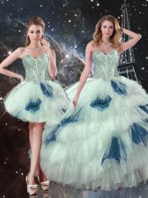 High Class Sweetheart Sleeveless Quinceanera Gown Floor Length Ruffled Layers Blue And White Tulle