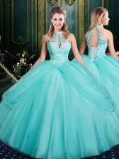 Exceptional Sleeveless Floor Length Beading and Pick Ups Lace Up 15 Quinceanera Dress with Aqua Blue