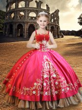  Hot Pink Sleeveless Floor Length Embroidery Lace Up Little Girls Pageant Dress