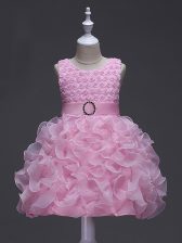 Latest Rose Pink Girls Pageant Dresses Wedding Party with Ruffles and Belt Scoop Sleeveless Lace Up