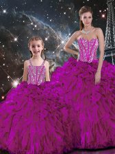  Fuchsia Organza Lace Up Quince Ball Gowns Sleeveless Floor Length Beading and Ruffles