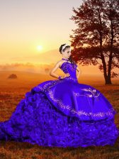  Sleeveless Embroidery and Ruffles Lace Up Quince Ball Gowns with Purple Brush Train