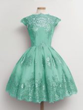 Turquoise A-line Lace Quinceanera Dama Dress Lace Up Tulle Cap Sleeves Knee Length