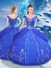  Floor Length Blue Ball Gown Prom Dress Tulle Short Sleeves Appliques