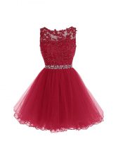 Smart Scoop Sleeveless Prom Evening Gown Mini Length Beading and Lace and Appliques Burgundy Organza