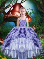  Floor Length Lace Up Little Girls Pageant Dress Wholesale Purple for Quinceanera and Wedding Party with Beading and Ruffles and Ruffled Layers