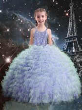 Trendy Light Blue Ball Gowns Straps Sleeveless Organza Floor Length Lace Up Beading and Ruffles Little Girls Pageant Dress Wholesale