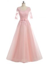  Floor Length Pink Homecoming Dress Organza Short Sleeves Lace and Appliques