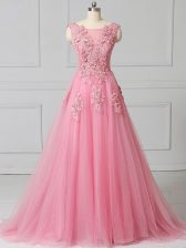 Most Popular Sleeveless Appliques Lace Up Prom Dress with Pink Brush Train