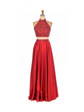  Red Backless Dress for Prom Beading Sleeveless Floor Length