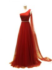 Enchanting Rust Red Sleeveless Beading and Ruching Zipper Prom Party Dress