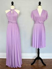  Sleeveless Chiffon Floor Length Lace Up Court Dresses for Sweet 16 in Lilac with Ruching