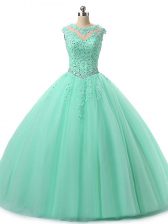 High Quality Apple Green Lace Up Quinceanera Gown Beading and Lace Sleeveless Floor Length