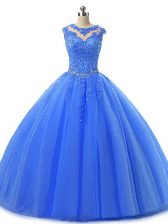 Low Price Blue Sleeveless Beading and Lace Floor Length Sweet 16 Dress