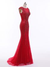  Sleeveless Beading Zipper Prom Gown with Red Brush Train