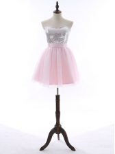 Top Selling Tulle and Sequined Sweetheart Sleeveless Zipper Sequins and Bowknot Dress for Prom in Baby Pink