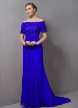 New Style Royal Blue Short Sleeves Sweep Train Lace Prom Dresses