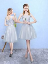 Lovely Silver Sleeveless Tulle Lace Up Quinceanera Court of Honor Dress for Wedding Party