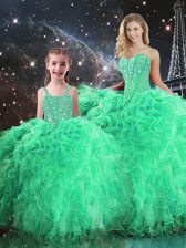 High Class Green Lace Up Ball Gown Prom Dress Beading and Ruffles Sleeveless Floor Length