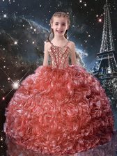 Low Price Straps Sleeveless Little Girls Pageant Dress Floor Length Beading and Ruffles Watermelon Red Organza