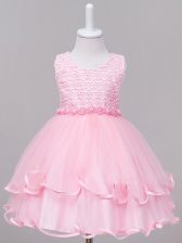 Perfect Knee Length Baby Pink Little Girl Pageant Dress Tulle Sleeveless Lace