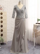 Fancy Floor Length Grey Prom Evening Gown V-neck Long Sleeves Zipper