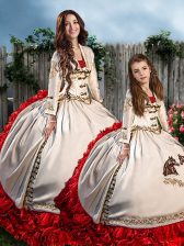  Lace Up Vestidos de Quinceanera White And Red for Military Ball and Sweet 16 and Quinceanera with Embroidery and Ruffles Brush Train
