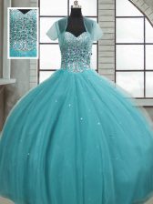 Best Selling Aqua Blue Sleeveless Beading and Sequins Floor Length Sweet 16 Dress