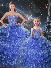 Low Price Sweetheart Sleeveless Quinceanera Gowns Floor Length Beading and Ruffles Blue Organza