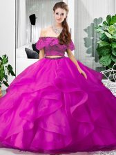 Attractive Floor Length Two Pieces Sleeveless Fuchsia 15 Quinceanera Dress Lace Up