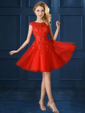 Admirable Red Tulle Lace Up Dama Dress Cap Sleeves Knee Length Lace and Appliques